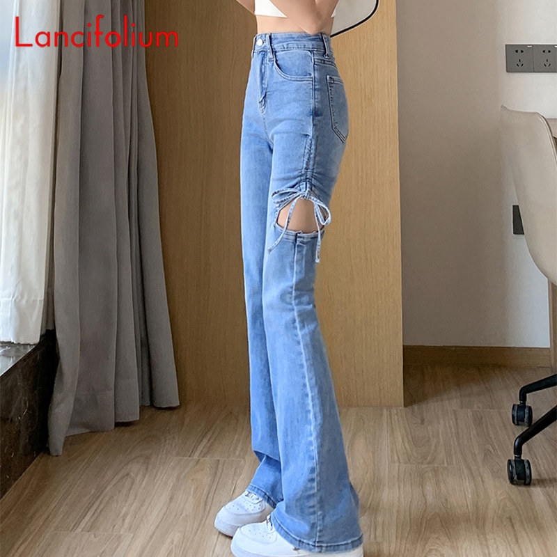 Designer Ripped Denim Flare Pants Summer Women Hollow Out Drawstring High Waist Bodycon Chic Streetwear Blue Jeans P